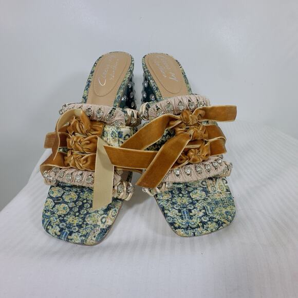 Circus NY Vera Mule Fabric Teal Rhinestone Velvet Bow Heel Sz 9 Boho Maximalist - Picture 4 of 10